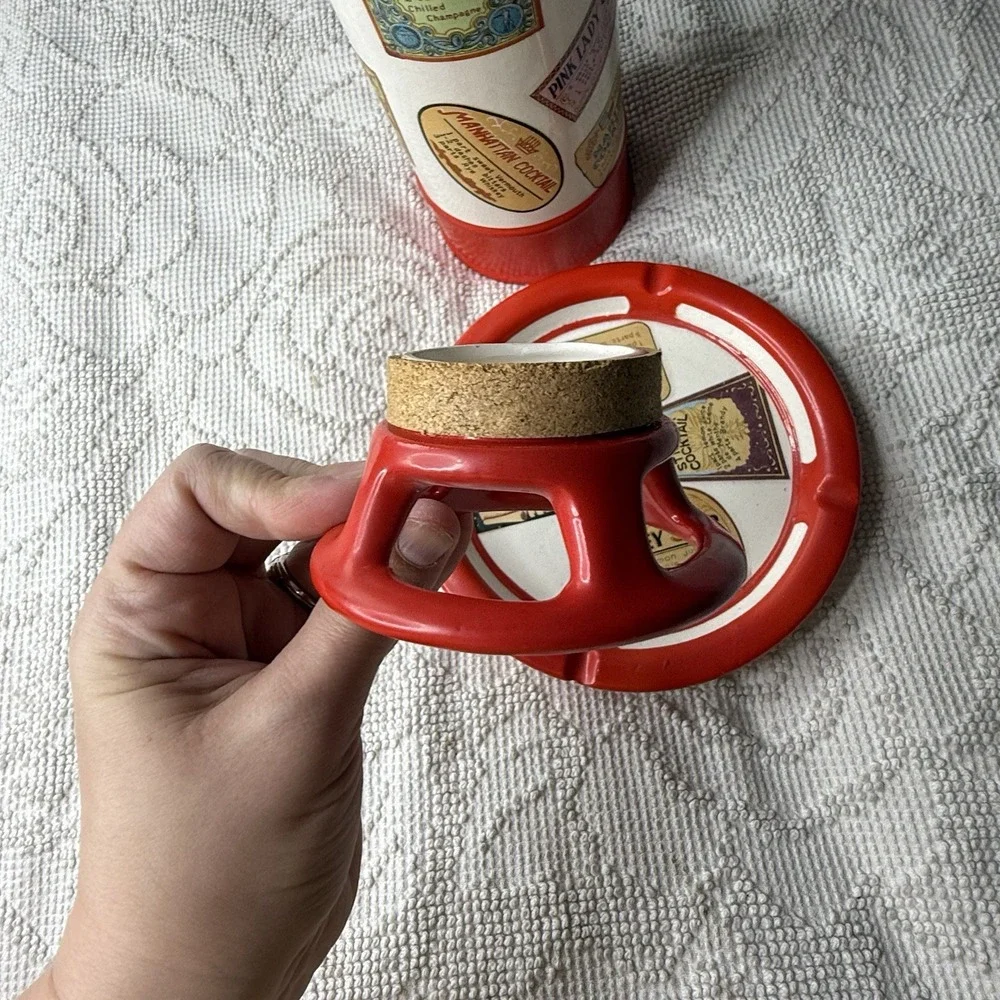 Vintage Fire Extinguisher Ceramic Cocktail Shaker and Ashtray Set Red White